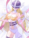  1girl angel_wings angewomon asymmetrical_clothes bare_shoulders belt blonde_hair breasts cleavage covered_eyes digimon digimon_(creature) elbow_gloves feathered_wings gloves hand_up head_wings helmet highres index_finger_raised large_breasts long_hair multiple_wings nagoshi navel o-ring shawl smile solo standing thigh_strap winged_helmet wings 
