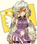  1girl blush buttons closed_mouth collared_dress cowboy_shot cropped_legs dress hair_between_eyes jacket kishin_sagume long_sleeves multicolored_hair purple_dress red_eyes short_hair single_wing sleeveless sleeveless_dress solo tape tears touhou white_hair white_jacket white_wings wings yt_(wai-tei) 