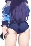  1girl absurdres ass ass_focus blue_archive buruma highres holding holding_phone jacket jacket_partially_removed long_hair phone purple_hair simple_background solo tomid track_jacket very_long_hair white_background yuuka_(blue_archive) yuuka_(gym_uniform)_(blue_archive) 