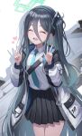  absurdres arisu_(blue_archive) blue_archive blue_hair blush commentary_request dark_blue_hair double_v gwinggwing hair_between_eyes hair_ornament halo headband highres jacket long_hair necktie open_mouth railgun school_uniform simple_background v very_long_hair white_background 