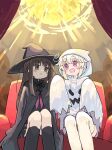  2girls :d :o akichi_mashiro bangs black_cloak black_headwear black_shirt black_skirt black_socks blush brown_eyes brown_hair cloak commentary_request eye_contact feet_out_of_frame ghost_costume halloween hands_up hat highres hood hood_up kibisake long_hair long_sleeves looking_at_another multiple_girls original parted_lips pink_eyes pleated_skirt shirt short_eyebrows sitting skirt sleeves_past_fingers sleeves_past_wrists smile socks thick_eyebrows torii_koyomi very_long_hair white_hair witch_hat 