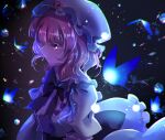  1girl bangs black_bow black_bowtie blue_butterfly blue_headwear blue_kimono bow bowtie bug butterfly closed_mouth commentary_request expressionless frilled_kimono frills hat japanese_clothes kimono medium_hair mob_cap pink_eyes pink_hair saigyouji_yuyuko solo touhou upper_body zukapin 
