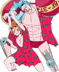  1boy 1girl arms_up blue_hair blush breasts cleavage clenched_hands closed_eyes closed_mouth cosplay cyborg eyewear_on_head franky_(one_piece) franky_(one_piece)_(cosplay) hair_bun hawaiian_shirt highres looking_down mike_(tomatomato244) nami_(one_piece) one_piece open_clothes open_shirt orange_hair oversized_clothes oversized_shirt pose pout scar shirt sunglasses underwear 
