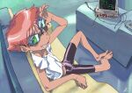  1girl androgynous barefoot blush_stickers computer couch cowboy_bebop dark-skinned_female dark_skin donnpati edward_wong_hau_pepelu_tivrusky_iv female_child goggles highres monitor orange_hair short_hair sitting smile solo toes 