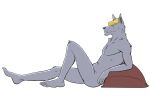  anthro black_nose blonde_hair canid canine canis fur grey_body grey_fur hair male mammal nude pillow side_view simple_background sitting solo teeth_showing the_boy_and_the_beast thegreatmatsutzu white_background wolf 