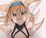  1girl absurdres animal_ears arknights bandaid bandaids_on_nipples bangs bare_shoulders blonde_hair blue_hairband blush brown_eyes collar empty_eyes flat_chest fox_ears fox_girl fox_tail gradient_hair hairband hand_up highres infection_monitor_(arknights) kokihanada long_hair looking_at_penis multicolored_hair multiple_tails open_mouth oripathy_lesion_(arknights) pasties penis_awe simple_background solo suzuran_(arknights) tail upper_body white_background white_hair 