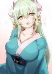  1girl aqua_hair aqua_kimono breasts dragon_girl dragon_horns fate/grand_order fate_(series) hair_between_eyes horns huge_breasts japanese_clothes kimono kiyohime_(fate) long_hair mamemix multiple_horns obi open_mouth sash solo very_long_hair yellow_eyes 