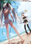  2girls beach bird bracelet floating floating_object grey_hair hair_ornament jewelry lcaomei long_hair luna_(punishing:_gray_raven) mechanical_legs multiple_girls nanami_(punishing:_gray_raven) ocean punishing:_gray_raven seagull sky speech_bubble swimsuit translation_request twintails white_hair white_one-piece_swimsuit 