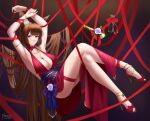  1girl absurdly_long_hair absurdres alternate_costume amagi_(azur_lane) animal_ears armpits azur_lane breasts center_opening cleavage cocktail_dress dress frozen-sad full_body halter_dress halterneck highres large_breasts long_dress long_hair purple_background purple_eyes red_dress red_ribbon ribbon simple_background solo toeless_footwear very_long_hair 