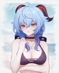  1girl absurdres bangs beach bikini bikini_top_only black_bikini blue_hair blue_sky breasts choker cleavage commentary_request ganyu_(genshin_impact) genshin_impact hair_between_eyes highres horizon horns jewelry long_hair looking_at_viewer necklace ocean purple_eyes sidelocks sky sleeveless smile solo swimsuit thehprm 