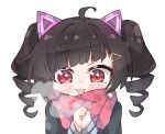  1girl ahoge alternate_hair_color animal_ears bangs black_hair blush_stickers breath cat_ears chibi cold condensation delutaya diagonal_bangs drill_hair english_commentary fake_animal_ears hair_ornament hairclip indie_virtual_youtuber kukie-nyan red_eyes red_scarf scarf solo twin_drills twintails virtual_youtuber 