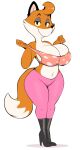  2022 anthro big_breasts breasts canid canine cleavage clothed clothing dipstick_tail eyeshadow female fox fur hi_res makeup mammal markings midriff multicolored_body multicolored_fur navel nipples orange_body orange_fur simple_background smile smiling_at_viewer solo standing tail_markings two_tone_body two_tone_fur usnarbit white_body white_fur 