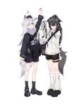  2girls ;p alternate_costume animal_ears arknights arm_up black_footwear black_hair black_headwear black_shirt black_shorts black_socks blush ears_down extra_ears goggles goggles_on_head grey_eyes grey_hair hat highres lappland_(arknights) long_hair long_sleeves looking_at_viewer multiple_girls one_eye_closed owenhiruno red_eyes scroll shirt shoes shorts simple_background socks tail texas_(arknights) tongue tongue_out white_background white_shirt white_socks wolf_ears wolf_girl wolf_tail 