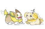  +_+ animal_focus black_eyes commentary_request drooling fidough green_eyes motion_lines no_humans open_mouth pokemon pokemon_(creature) saliva simple_background sweatdrop trembling washing_tail watermark white_background whitecrow9522 yamper 