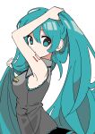  1girl adjusting_hair arm_up armpits blue_eyes breasts closed_mouth dress from_side grey_dress hatsune_miku highres long_hair looking_at_viewer medium_breasts sayuwan simple_background sleeveless solo twintails very_long_hair vocaloid white_background 