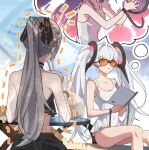  2girls book drinking_straw drinking_straw_in_mouth floating floating_object glasses grey_hair hair_ornament holding holding_book lcaomei long_hair luna_(punishing:_gray_raven) multiple_girls nanami_(punishing:_gray_raven) one-piece_swimsuit ponytail punishing:_gray_raven sitting swimsuit thought_bubble twintails very_long_hair white_one-piece_swimsuit 