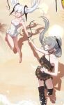  2girls bad_feet beach bracelet floating floating_object grey_eyes grey_hair hair_ornament highres holding_hands jewelry lcaomei long_hair luna_(punishing:_gray_raven) mechanical_legs multiple_girls nanami_(punishing:_gray_raven) orange_eyes ponytail punishing:_gray_raven sand swimsuit twintails white_hair white_one-piece_swimsuit 