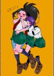  3girls anna_(aannnaa3) audio_jack bangs black_hair blue_socks blunt_bangs blush boku_no_hero_academia breasts brown_footwear closed_eyes collared_shirt full_body green_skirt hagakure_tooru hands_on_own_face highres invisible jirou_kyouka loafers long_hair multiple_girls necktie open_mouth orange_background pleated_skirt purple_hair red_necktie school_uniform shirt shoes short_hair short_sleeves simple_background skirt smile socks u.a._school_uniform white_shirt yaoyorozu_momo 