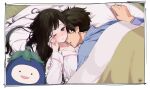  1boy 1girl black_hair blue_pajamas chitanda_eru closed_eyes collarbone couple eggplant futon hetero highres hyouka long_hair lying mery_(yangmalgage) on_back on_stomach one_eye_closed oreki_houtarou pajamas pillow purple_eyes short_hair sleeping tatami upper_body white_pajamas 