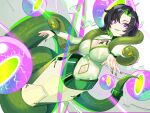  1girl black_hair breasts cleavage cleavage_cutout clothing_cutout colored_inner_hair fingernails green_hair green_lips green_nails highres lamia large_breasts looking_at_viewer monster_girl multicolored_hair navel_cutout purple_eyes saijo-m scales sharp_fingernails snake solo space_leaper:_cocoon tail 