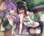  &gt;_&lt; 2girls :d bangs bare_arms bare_shoulders black_hair black_thighhighs blush breasts can clothes_writing dress flat_chest full-face_blush hair_between_eyes hair_intakes hair_ornament hand_on_another&#039;s_neck hand_under_clothes hand_up headphones holding holding_can indoors kyoumachi_seika lamp long_hair low_twintails medium_breasts microa multiple_girls navel open_mouth purple_dress purple_eyes purple_hair short_sleeves sitting smile sweatdrop table tears thighhighs trash_can twintails vocaloid voiceroid wariza wavy_mouth wooden_floor yuzuki_yukari zettai_ryouiki 