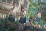  4girls bangs blunt_bangs bottle braid brown_eyes brown_hair bud closed_mouth dai3syougen dutch_angle flower garden gardening holding holding_bottle holding_pen multiple_girls notepad original outdoors pen purple_flower school_uniform short_hair side_braids smile surreal symbolism taking_notes trumpet_vine 