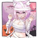  1girl :p ame_to_ame animal_ears bandages breasts cat_ears cat_girl claw_pose cross halloween highres hololive large_breasts mummy_costume naked_bandage nekomata_okayu pumpkin purple_eyes purple_hair short_hair tongue tongue_out virtual_youtuber 