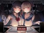  2girls absurdres asmr bangs bare_shoulders between_breasts blue_collar blue_necktie blue_sailor_collar blush bow bowtie breast_press breast_rest breasts brown_hair cleavage collar collarbone computer elbow_gloves english_text gloves grin headphones heavy_breathing highres laptop large_breasts long_hair looking_at_viewer microphone multiple_girls necktie no_bra original parted_lips purple_eyes red_bow red_bowtie red_collar red_eyes sailor_collar school_uniform see-through see-through_shirt serafuku shiroiruka shirt sidelocks sleeveless sleeveless_shirt smile striped striped_bow striped_bowtie swept_bangs white_gloves white_shirt 