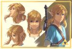  1boy artist_name blonde_hair blue_eyes blue_tunic border eorinamo grey_shirt hair_between_eyes link looking_at_viewer looking_to_the_side low_ponytail male_focus medium_hair multiple_views pointy_ears portrait reference_sheet shirt sidelocks the_legend_of_zelda the_legend_of_zelda:_breath_of_the_wild upper_body weapon weapon_on_back 