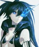  1girl a-er_(akkij0358) bikini bikini_top_only black_bikini black_choker black_jacket black_rock_shooter black_rock_shooter_(character) blue_hair breasts choker cleavage closed_mouth flaming_eye frown hair_between_eyes highres hood hood_down hooded_jacket huke_(style) jacket long_hair open_clothes open_jacket sleeveless sleeveless_jacket small_breasts solo swimsuit upper_body 