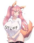  1girl @_@ absurdres alternate_costume animal_ear_fluff animal_ears black_thighhighs clothes_writing cowboy_shot fate/extra fate_(series) fox_ears fox_girl fox_tail highres jifuwabe long_hair looking_away no_panties pink_hair shirt short_sleeves solo split_ponytail standing t-shirt tail tamamo_(fate) tamamo_no_mae_(fate/extra) thighhighs white_background white_shirt yellow_eyes 