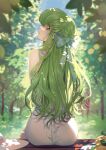  1girl ass blue_ribbon c.c. closed_mouth code_geass commentary creayus dress food from_behind fruit green_hair hair_ribbon hat hat_removed headwear_removed highres leaf lemon lemon_print long_hair looking_at_viewer looking_back nature outdoors ribbon sitting sleeveless sleeveless_dress solo sundress tree wavy_hair white_dress yellow_eyes 