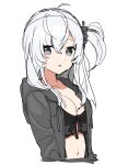  1girl alternate_costume bikini black_bikini grey_eyes grey_hair grey_hoodie hair_between_eyes headgear highres hood hood_down hoodie kantai_collection looking_at_viewer midriff navel open_mouth sayuwan simple_background solo suzutsuki_(kancolle) swimsuit upper_body white_background 