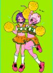  2girls anna_(aannnaa3) arm_up ashido_mina audio_jack bangs black_sclera blunt_bangs blush boku_no_hero_academia breasts cheerleader closed_eyes closed_mouth colored_sclera colored_skin crop_top full_body green_background highres horns jirou_kyouka kneehighs looking_at_viewer midriff multiple_girls navel one_eye_closed open_mouth orange_skirt pink_footwear pink_hair pink_skin pleated_skirt pom_pom_(cheerleading) purple_hair shoes short_hair simple_background skirt smile sneakers socks standing u.a._cheerleader_uniform white_socks yellow_eyes yellow_horns 