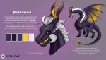  claws comic docfurpanic dragon fangs female feral full-length_portrait headshot hi_res horn italian_text looking_at_viewer mane model_sheet portrait purple_body purple_scales scales smile solo story story_in_description text tusks white_mane wings yellow_eyes yellow_wings 