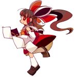  1girl bow chibi detached_sleeves full_body hair_bow hair_tubes hakurei_reimu long_hair looking_at_viewer mota open_mouth simple_background solo touhou white_background 