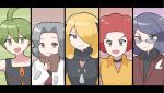  2girls 3boys aaron_(pokemon) afro ahoge bangs bertha_(pokemon) black_choker blonde_hair brown_scarf choker coat collarbone collared_shirt commentary_request cynthia_(pokemon) flint_(pokemon) fur_collar glasses green_hair grey_hair highres jacket k_imchae korean_commentary lucian_(pokemon) multiple_boys multiple_girls pokemon pokemon_(game) pokemon_dppt red_hair scarf shirt short_hair vest white_coat yellow_shirt zipper_pull_tab 