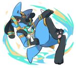  1other armlet black_hair blue_fur bracelet commentary_request energy full_body furry head_tilt jewelry looking_at_viewer lucario pokemon pokemon_(creature) pokemon_(game) pokemon_unite red_eyes simple_background spikes tail white_background whitecrow9522 