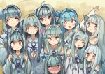  6+girls :d ;d ^_^ ahoge arm_up bags_under_eyes bangs blue_hair blue_ribbon blush clenched_hands closed_eyes closed_mouth detached_sleeves hair_bun hair_intakes hair_ribbon hands_up highres kotonoha_aoi light_blue_hair long_sleeves looking_at_viewer microa multiple_girls multiple_persona no_pupils nose_blush one_eye_closed own_hands_together pink_ribbon red_eyes ribbon single_side_bun smile split_mouth v-shaped_eyebrows voiceroid white_sleeves wide_sleeves 