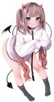  1girl absurdres bangs belt bent_over black_socks blue_eyes blush brown_hair demon_horns demon_tail demon_wings ear_piercing hair_ornament highres horns kohe_billialot long_hair long_sleeves looking_at_viewer multicolored_hair no_pants original piercing red_eyes red_hair simple_background smile socks solo sweater tail twintails two-tone_hair white_background wings 