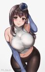  absurdres alternate_costume armpits bare_shoulders bent_over breasts cleavage curvy fluffyebi01 gloves goddess_of_victory:_nikke highres large_breasts leaning_forward long_hair looking_at_viewer marian_(nikke) midriff navel pantyhose shirt stomach tight tight_shirt 