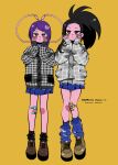  2girls alternate_costume anna_(aannnaa3) audio_jack bandaid bandaid_on_knee bandaid_on_leg bangs black_hair black_socks blue_skirt blue_socks blunt_bangs blush boku_no_hero_academia brown_footwear cardigan character_name full_body grey_cardigan grey_eyes hands_on_own_cheeks hands_on_own_face highres jirou_kyouka long_hair long_sleeves looking_at_viewer medium_hair multiple_girls pleated_skirt ponytail purple_hair romaji_text shoes simple_background skirt sleeves_past_wrists socks standing yaoyorozu_momo yellow_background 