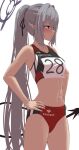  1girl abs arms_around_waist blue_archive buruma crop_top dark_skin demon_tail grey_hair hair_ribbon halo highres iori_(blue_archive) long_hair ponytail ribbon silver_bullet_(ecc12_8) sports_bra tail toned very_long_hair 