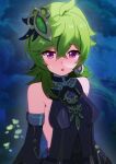  1girl 3d_background bangs blush collei_(genshin_impact) commentary_request detached_sleeves earrings genshin_impact green_hair hair_between_eyes hair_ornament highres jewelry kohau1410 long_sleeves looking_at_viewer medium_hair nose_blush open_mouth parted_lips purple_eyes sidelocks single_earring solo upper_body 