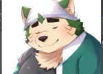  anthro bandanna blush canid canine canis clothing domestic_dog eyebrows eyes_closed fur green_body green_fur hi_res jacket kerchief lifewonders live-a-hero male mammal mokdai shirt sleeping slightly_chubby solo t-shirt thick_eyebrows topwear unfinished video_games 