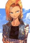  1girl android_18 arms_under_breasts blonde_hair blue_eyes blue_sky cloud crossed_arms denim denim_jacket dragon_ball dragon_ball_z earrings hungry_clicker jacket jewelry looking_to_the_side medium_hair sky sleeveless sleeveless_jacket smirk solo striped_sleeves torn_clothes torn_sleeves upper_body 