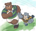  2022 anthro bottomwear brown_body brown_fur clothing duo fur goyemon_k grey_body grey_fur humanoid_hands kemono kumalino male mammal roast_(kumalino) rugby rugby_ball rugby_uniform sanrio scar shirt shorts slightly_chubby topwear ursid 