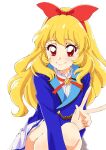  1girl aikatsu! aikatsu!_(series) blonde_hair blue_jacket bow bow_hairband closed_mouth gaki_rabbit hair_bow hairband highres hoshimiya_ichigo jacket long_hair long_sleeves looking_at_viewer miniskirt neck_ribbon pleated_skirt red_bow red_eyes red_hairband red_ribbon ribbon shiny shiny_hair shirt simple_background skirt smile solo squatting starlight_academy_uniform v very_long_hair white_background white_shirt white_skirt 