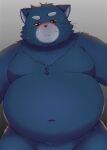  2022 anthro belly big_belly blue_body blush felid feline hi_res kemono male mammal moobs navel overweight overweight_male solo trail_arnak 