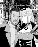  1boy 1girl absurdres beard breasts building buzz_cut cleavage cleavage_cutout closed_mouth clothing_cutout drake_(rapper) english_text facial_hair greyscale highres hololive hololive_english jacket looking_at_viewer monochrome mori_calliope outdoors real_life short_hair spikes suit_jacket tiara turtleneck upper_body very_short_hair virtual_youtuber xyanaid 